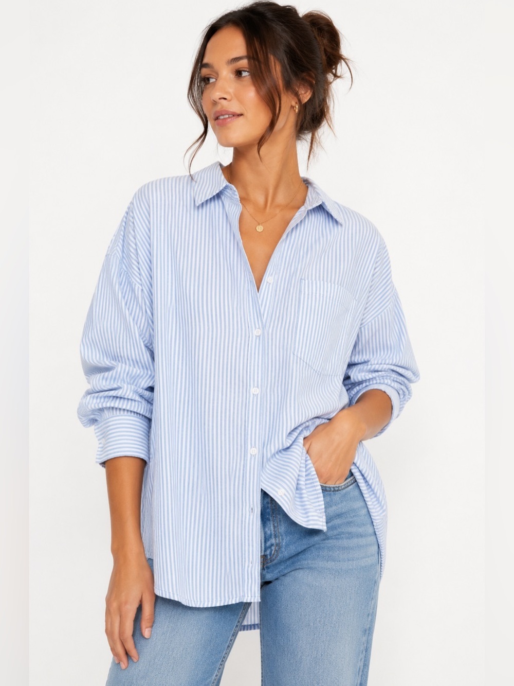 NWT Old Navy Boyfriend Shirt Blue White Striped 100% Cotton Button Down Size L